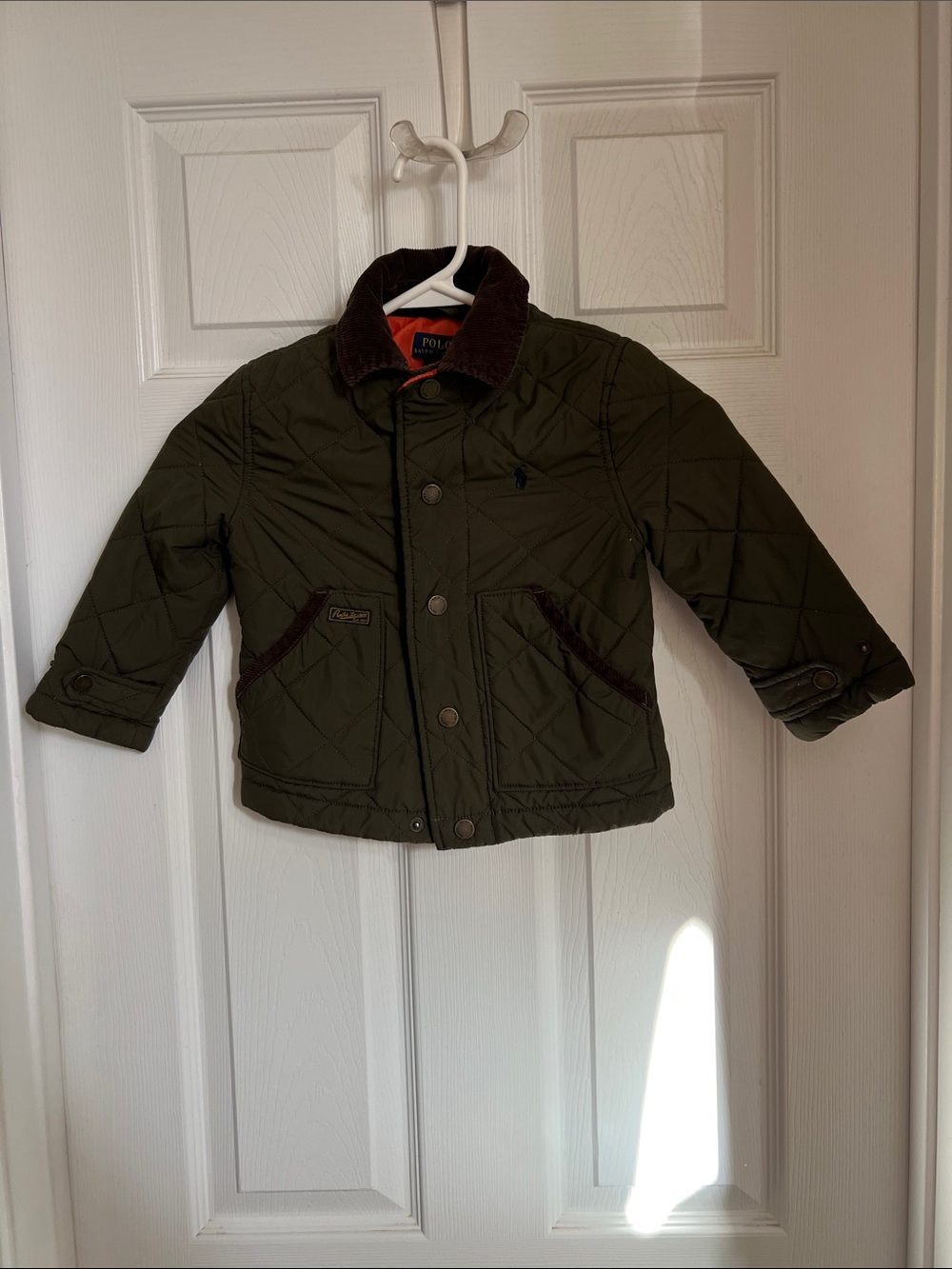 Polo by Ralph Lauren Olive Quilted Kids Jacket with Brown Corduroy Collar